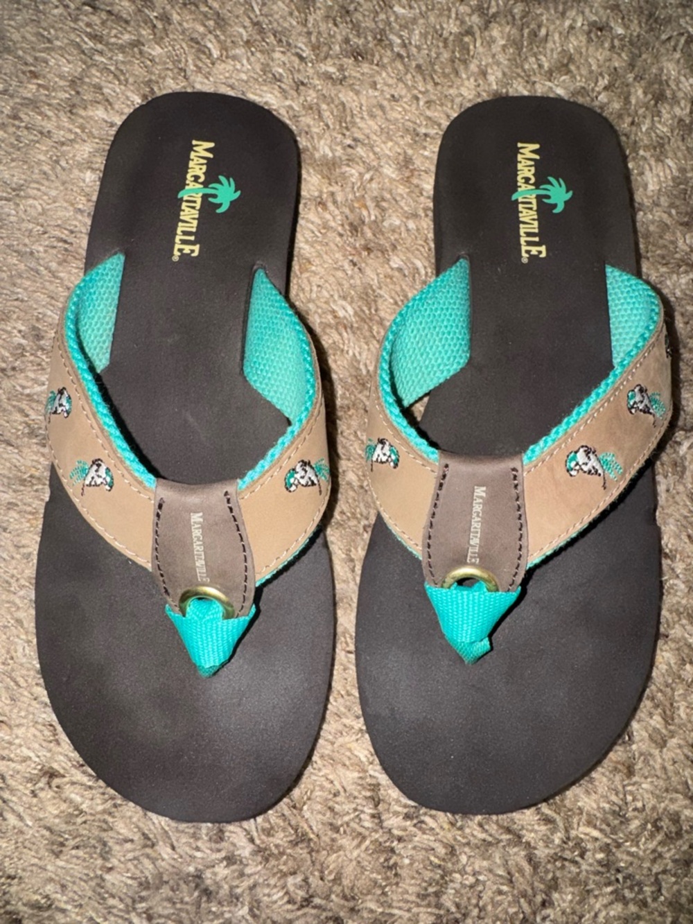 Margaritaville Teal and Brown Women's Flip Flop Sandals parrot Sz 7